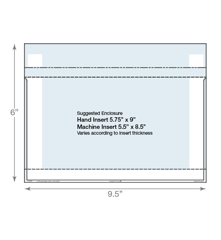 ALR - Clear Booklet Envelope -<br> 6"(h) x 9.5"(w) - (white frame) 1 automation letter clear booklet envelope showing dimensions