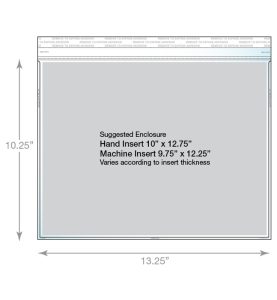 a clear catalog envelope with dimensions