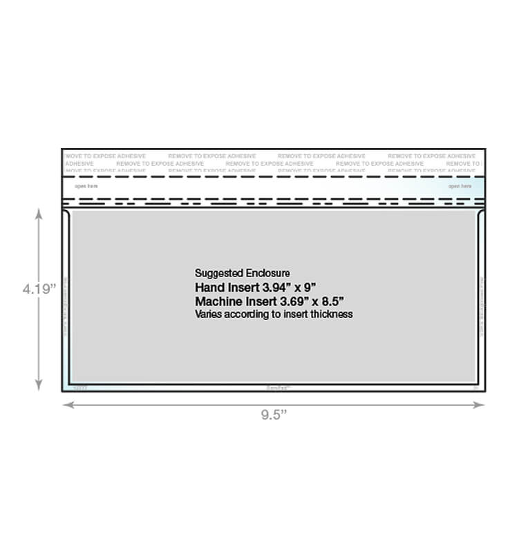 Clear Booklet Envelope - 4.19" (h) x 9.5" (w)<br> Box of 1200 1 A number 10 business envelope displaying dimensions
